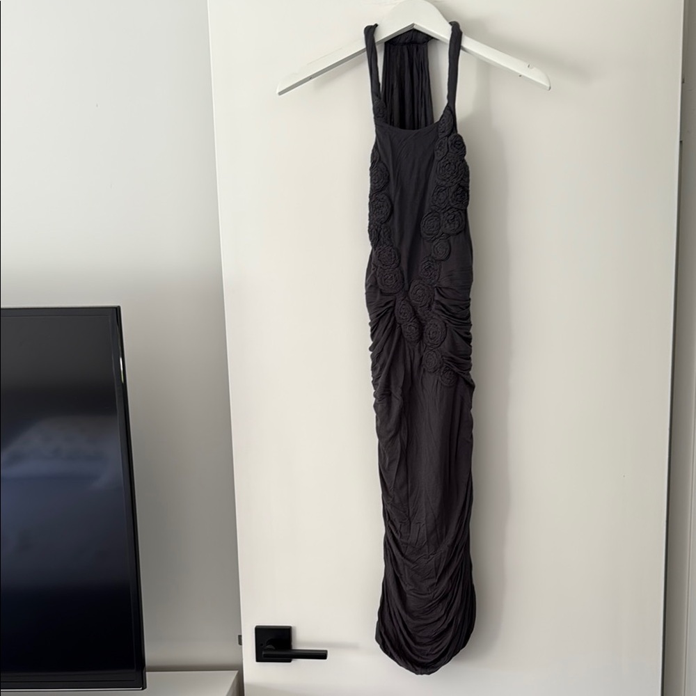 Yigal Azrouel gray draped stretchy dress with hand made florets
